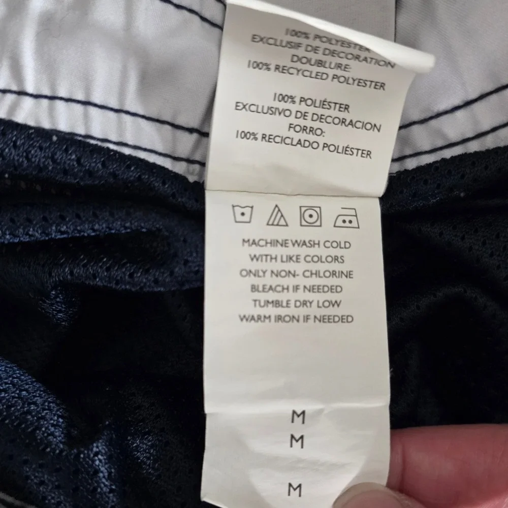 Nike Swim Board Shorts Mens M Navy Blue White Lined Drawstring Big Logo Trunks